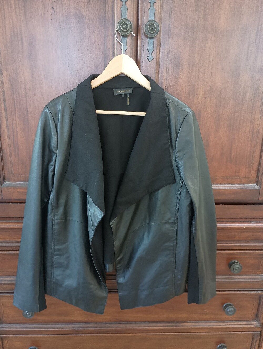 Donna Karan Black 100% Genuine Lambskin Draped Leather Jacket Pockets L NWOT